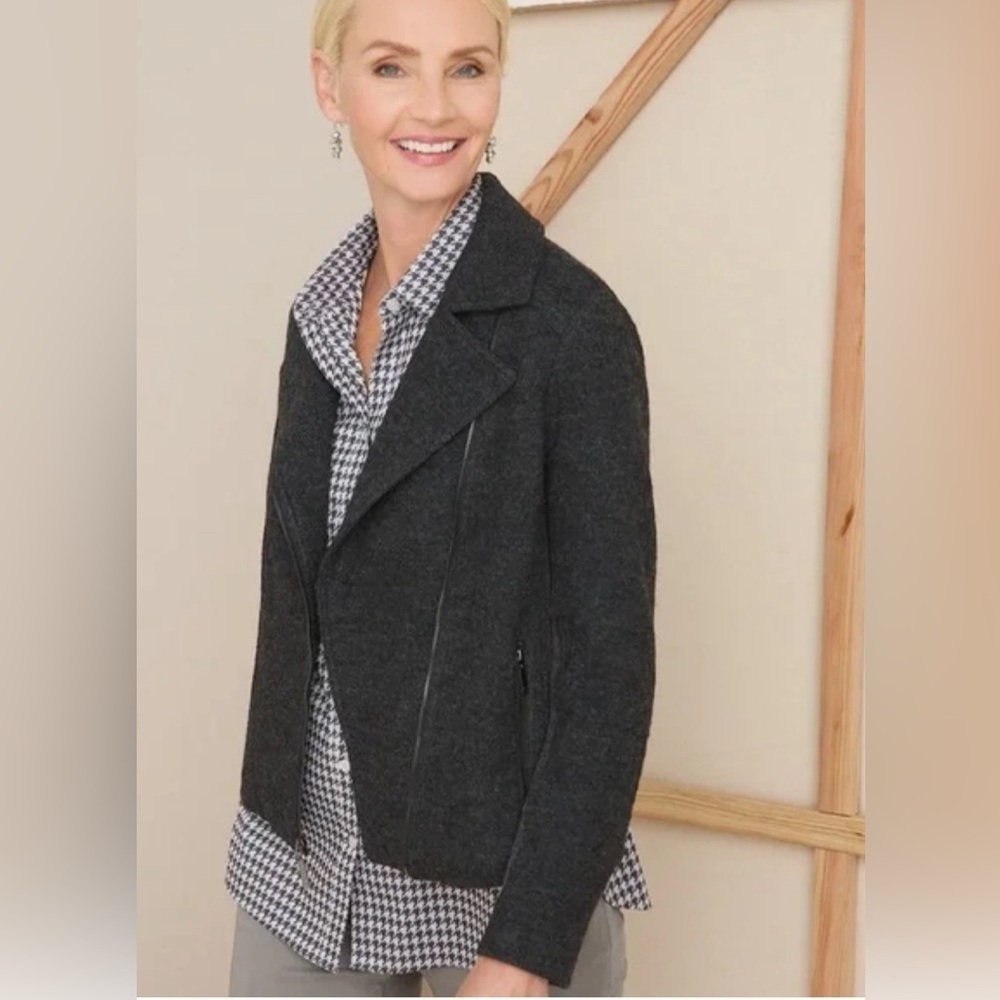 CHICOS Gray Boiled Wool Blend Knit Zip Front Moto Biker Jacket Coat Size Medium - Picture 5 of 15